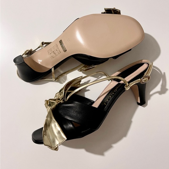 NEW, Authentic Gucci Slingback Kitten-Heel Sandals in Black and Gold - Picture 3 of 13